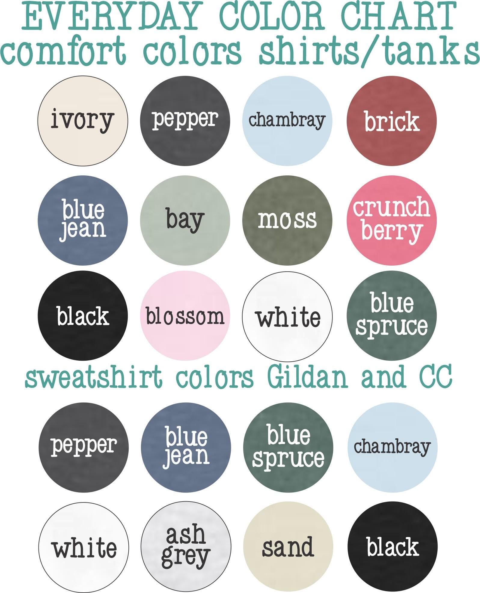 The image is a color chart that lists various comfort colors for shirts and tanks, including ivory, pepper, chambrey, brick, blue jeans, bay, moss, crunch berry, black, blossom, white, blue spruce, pepper, blue jeans, chambrey, black, ash grey, and sand.