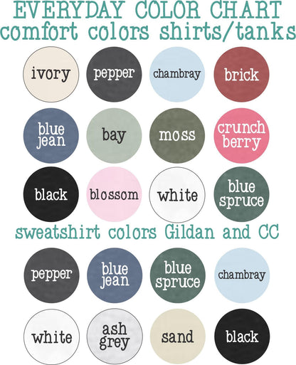 The image is a color chart that lists various comfort colors for shirts and tanks, including ivory, pepper, chambrey, brick, blue jeans, bay, moss, crunch berry, black, blossom, white, blue spruce, pepper, blue jeans, chambrey, black, ash grey, and sand.