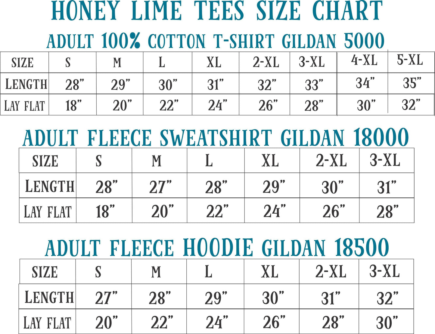 a chart that provides size charts for three different types of clothing items: adult 100% cotton T-shirts, adult fleece sweatshirts, and adult fleece hoodies. The chart lists the sizes and corresponding measurements for each type of clothing item, allowing users to easily determine the appropriate size based on their preferences or body measurements.