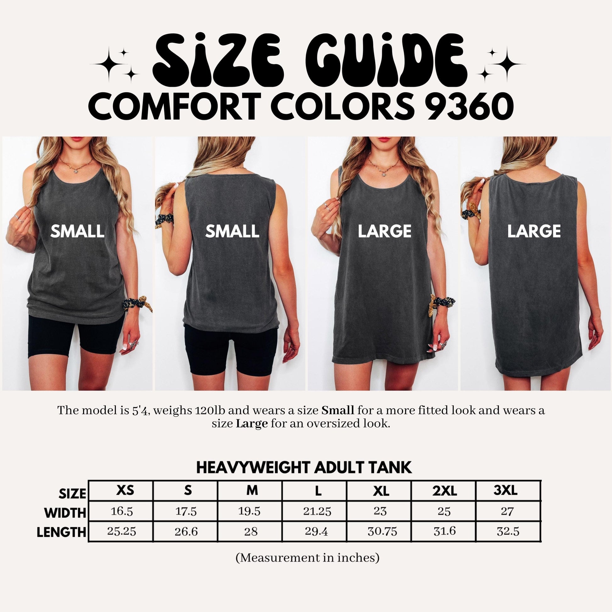 The image is a size guide for a comfortable tank top, featuring four different sizes labeled as small, medium, large, and extra-large.