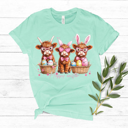 Easter Highland Cow Bunnies Shirt - Kids Easter T-shirt Adult, Youth, Toddler Soft, Comfortable Cotton Tee