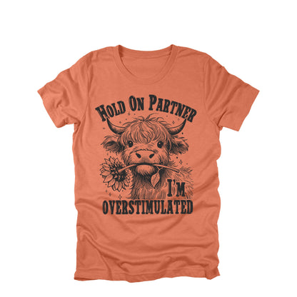 Hold On Partner Im Overstimulated Highland Cow Funny Western Graphic Tee