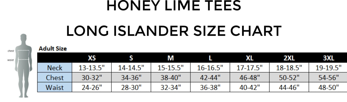 The image is a size chart for Honey Lime Tees, which shows the adult sizes for different waist, chest, and neck measurements.
