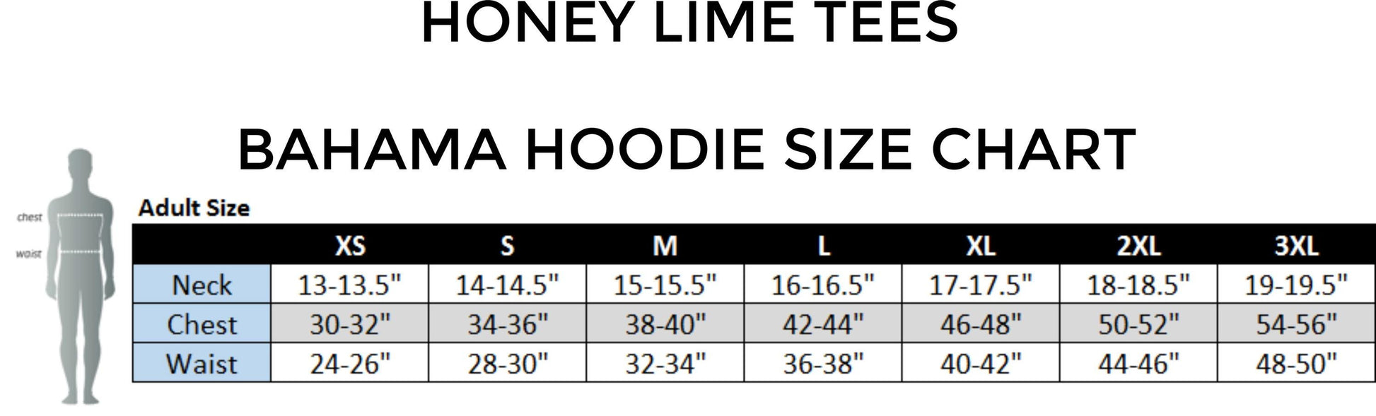 The image is a size chart for Honey Lime Tees, which includes measurements for different sizes such as neck, chest, waist, and legs.