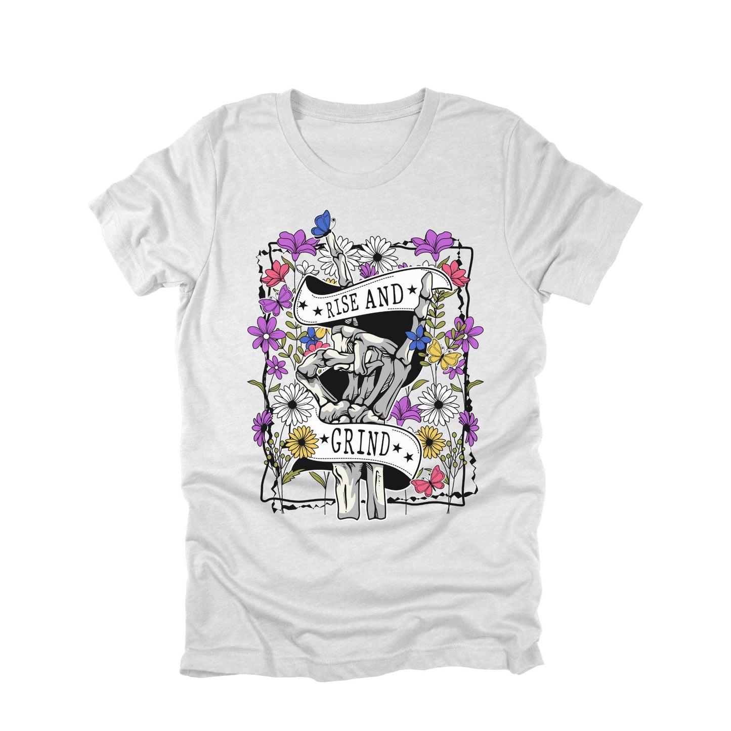 Rise and Grind Shirt, Skeleton Rock On Hand Tee, Floral Skeleton Graphic T-Shirt, Motivational Hustle Top, Retro Wildflower Skeleton Shirt