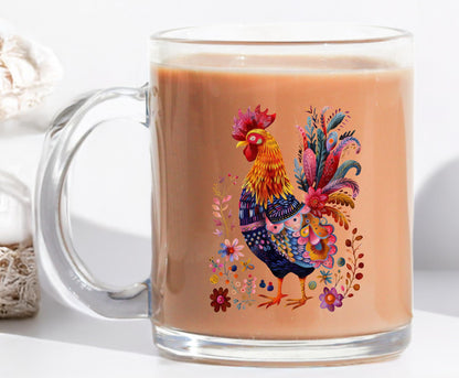 Floral Chicken Coffee Mug 12oz Clear Glass Cup Cute Woodland Animal Mug Floral Fox Cup Cottagecore Aesthetic Gift for Animal Lovers