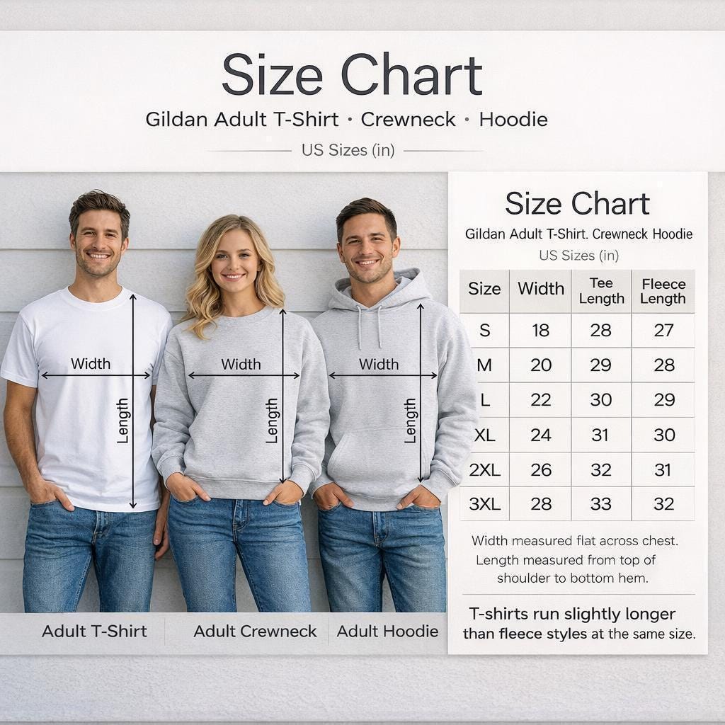 The image is a size chart for a Gildan Adult T-shirt, Crewneck, and Hoodie. It includes three individuals standing side by side, each wearing a different size of the T-shirt, Crewneck, and Hoodie. The chart provides the width measurements for each size, and there is a table with the corresponding US sizes (in inches) and the corresponding width measurements.