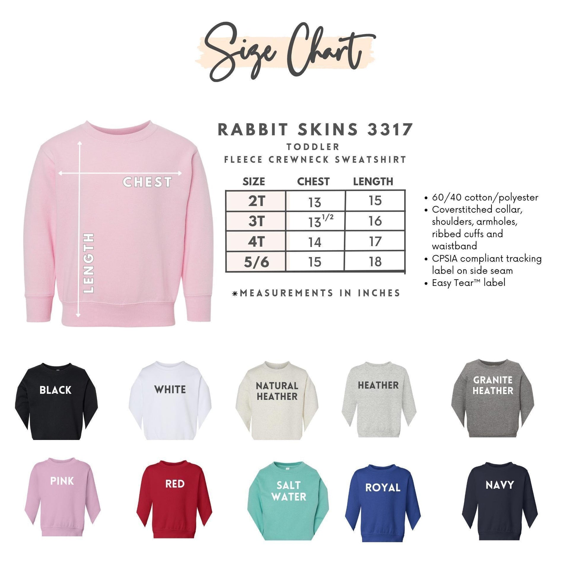 The image is a size chart for a rabbit skins toddler crew neck sweater, showing the measurements and corresponding colors for different age groups.