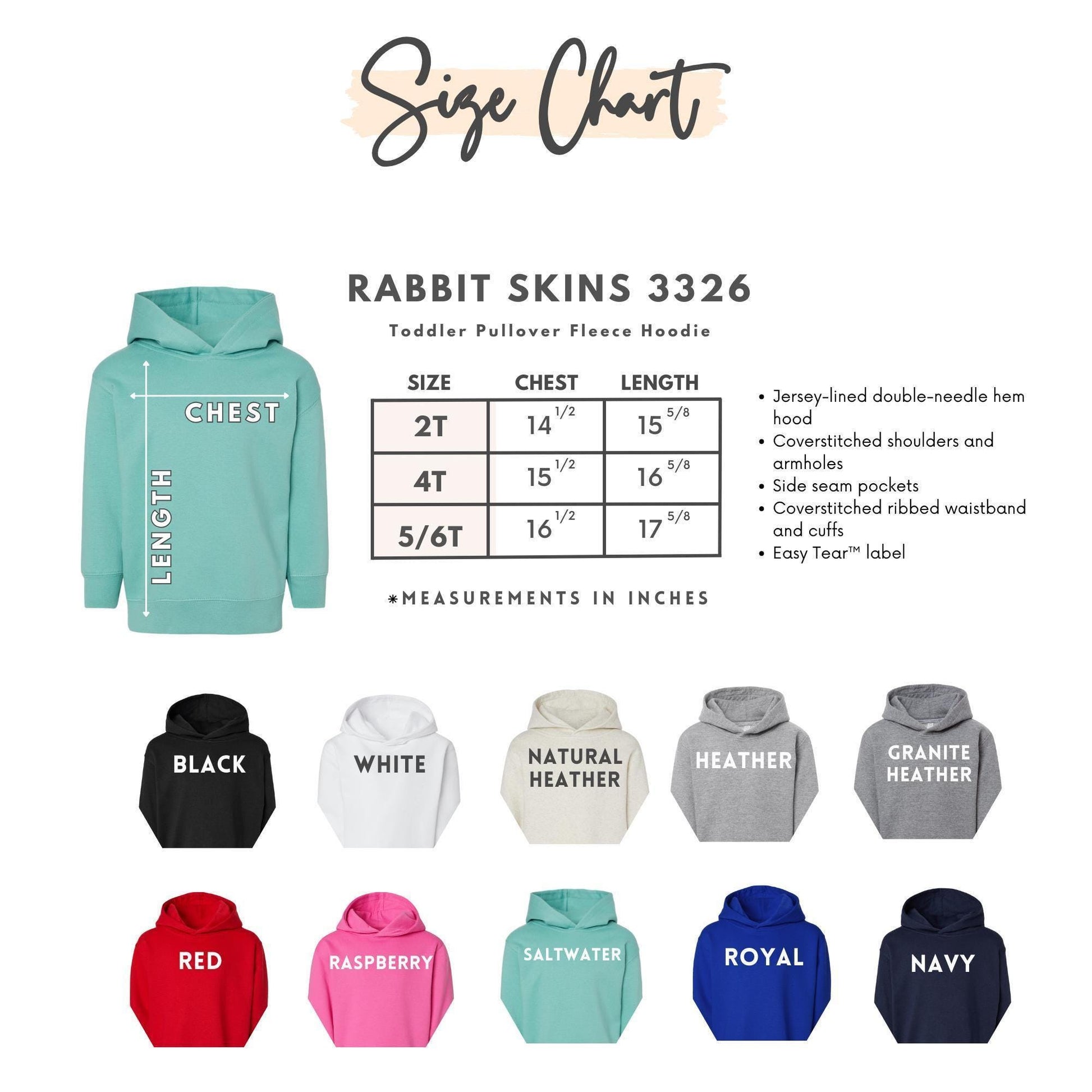 The image is a size chart for a toddler pullover fleece hoodie, featuring a variety of colors and sizes.