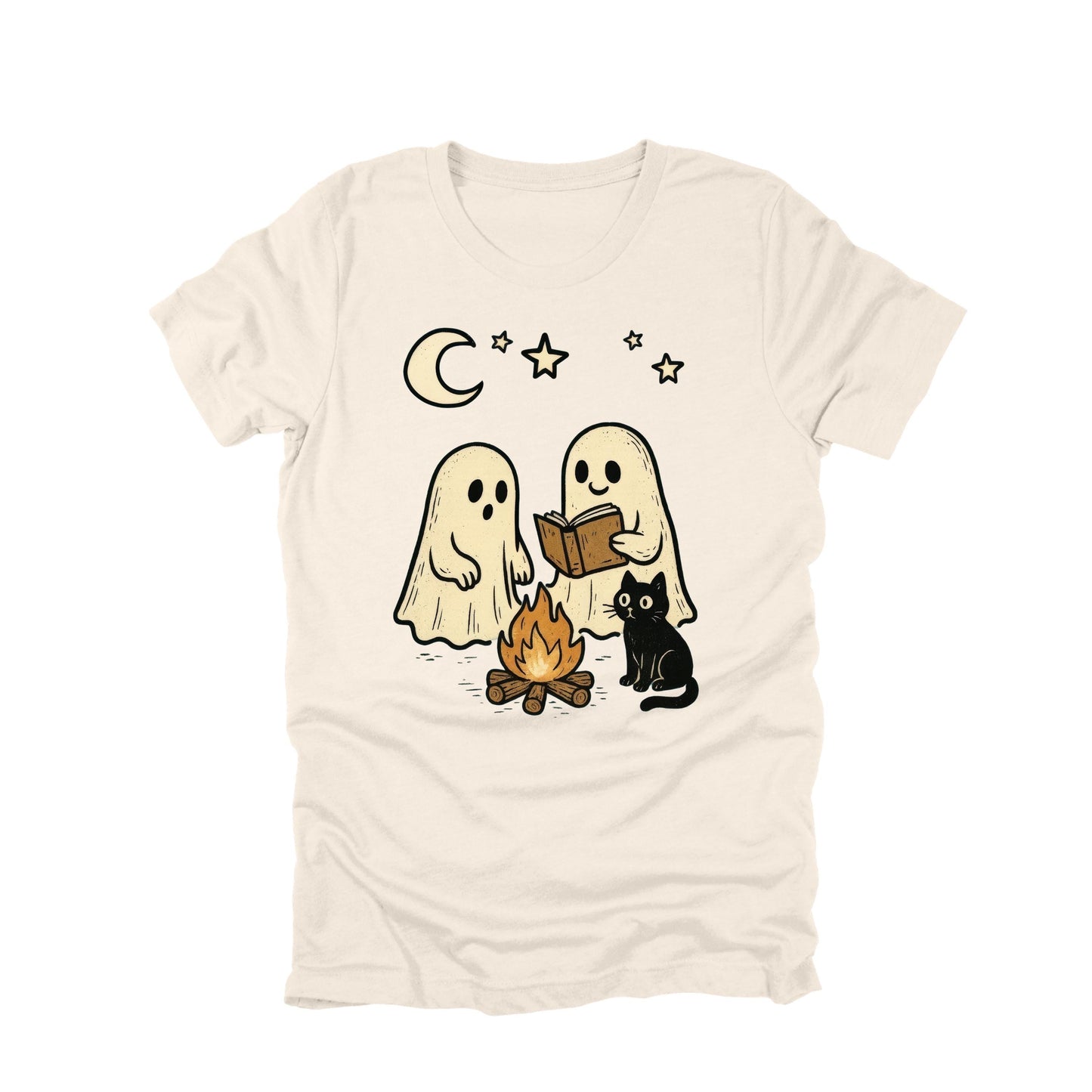 Ghost Campfire Shirt Cute Halloween Ghost Reading Graphic Tee Spooky Camping Shirt
