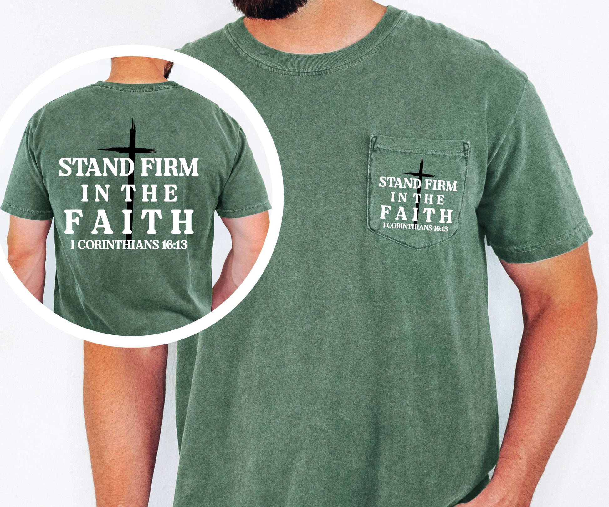 Christian Pocket T Shirt Stand Firm in Faith, Bible Verse Shirt, Mens Faith Tee, Religious Shirt, Scripture Tee