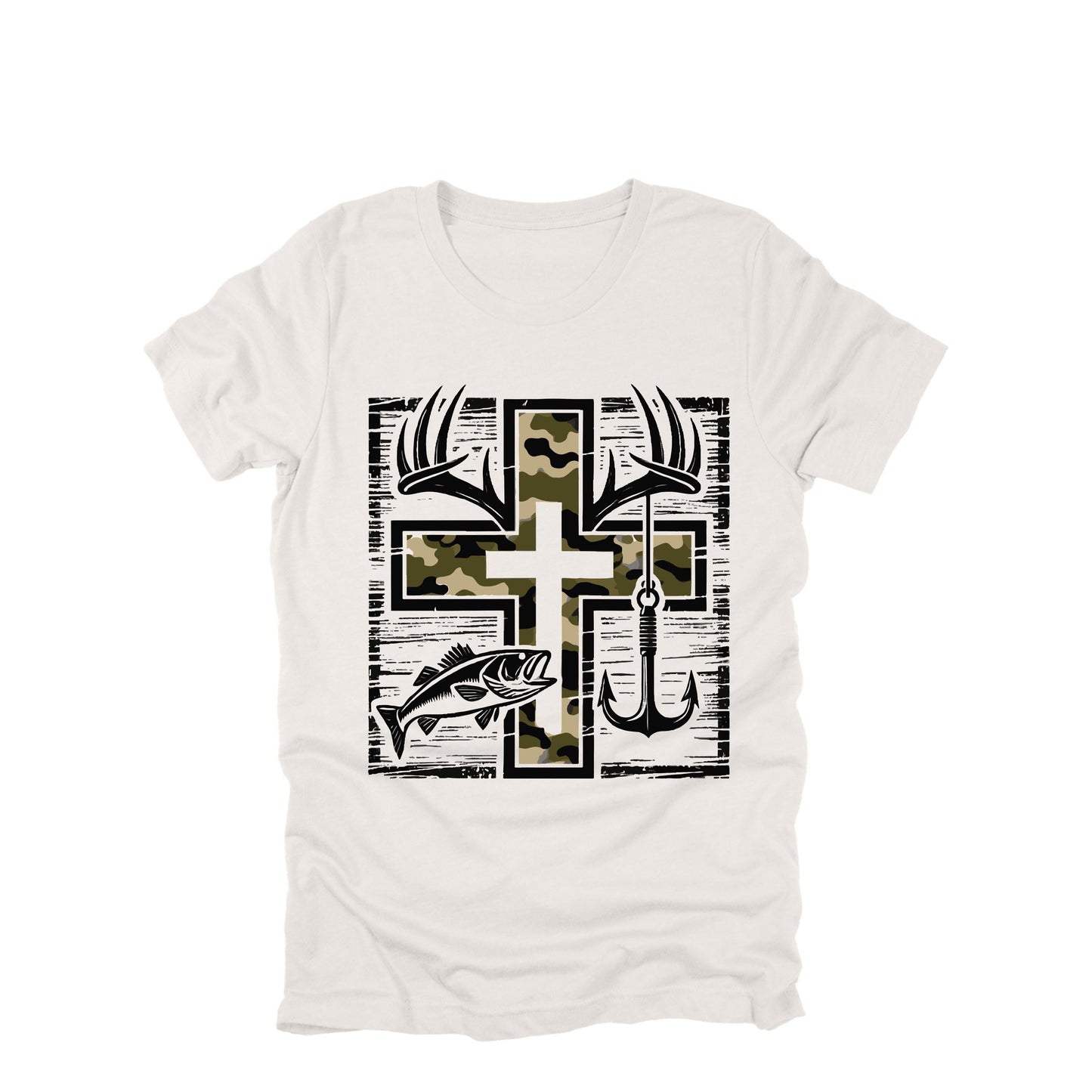 Hunting Fishing Cross Shirt, Christian Outdoors Tee, Deer Antler Camo Shirt, Faith Hunter Gift, Fisherman Graphic Tee