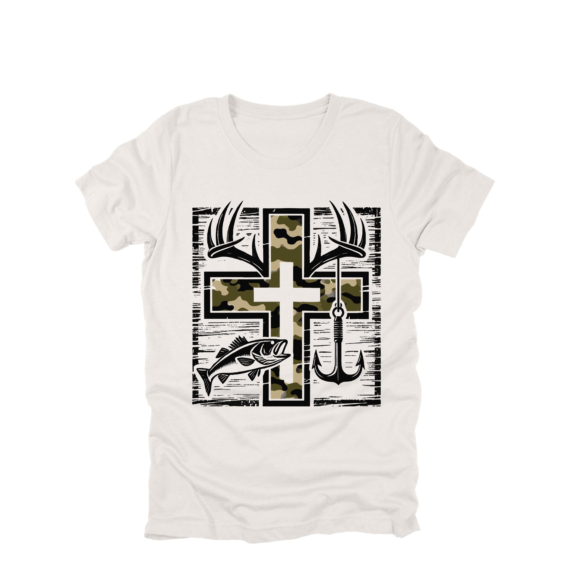 Hunting Fishing Cross Shirt, Christian Outdoors Tee, Deer Antler Camo Shirt, Faith Hunter Gift, Fisherman Graphic Tee