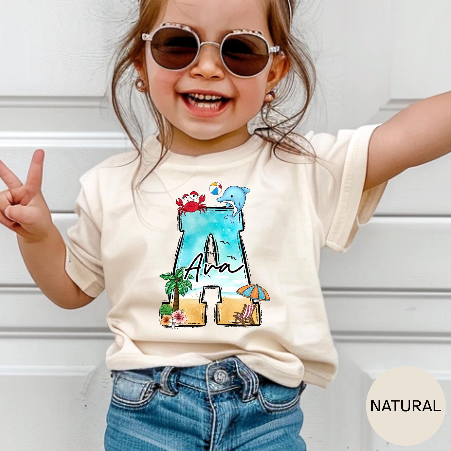 Personalized Beach Initial Shirt: Custom Kid Summer Vacation Tee