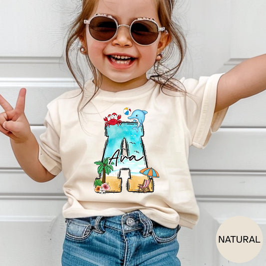 Personalized Beach Initial Shirt: Custom Kid Summer Vacation Tee