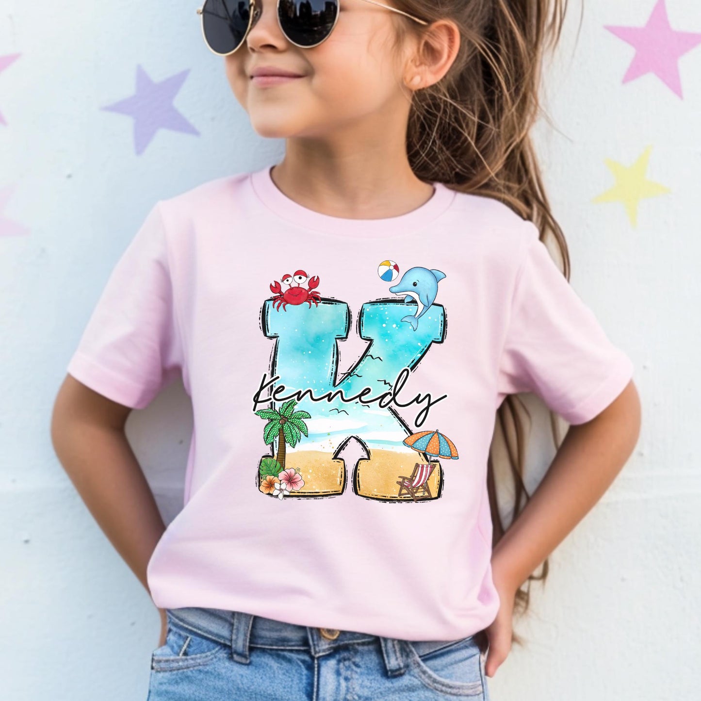 Personalized Beach Initial Shirt: Custom Kid Summer Vacation Tee