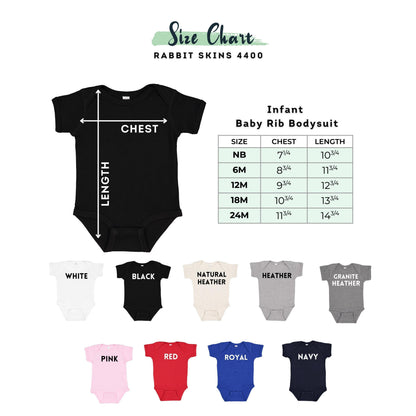 The image is a size chart for a baby rib bodysuit, featuring a black baby onesie with measurements and corresponding colors.