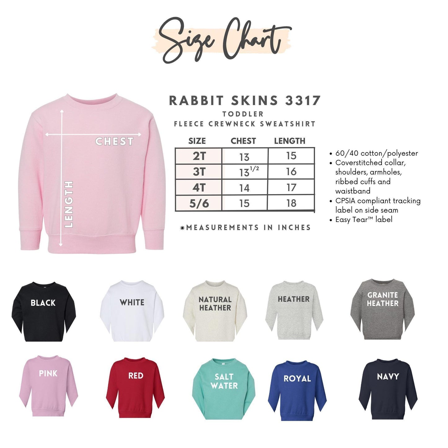 The image is a size chart for a rabbit skins toddler crew neck sweater, showing the measurements and corresponding colors for different age groups.