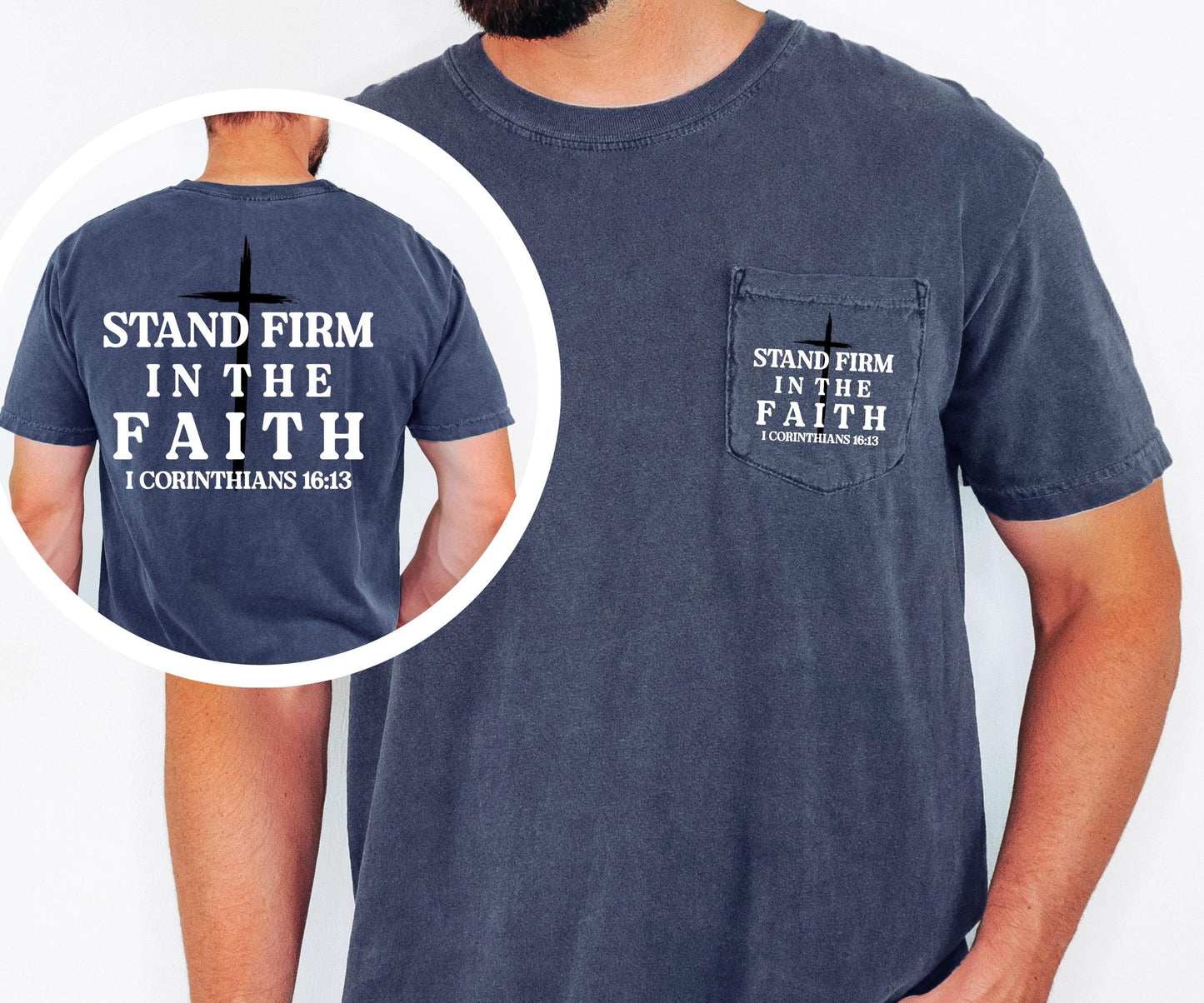 Christian Pocket T Shirt Stand Firm in Faith, Bible Verse Shirt, Mens Faith Tee, Religious Shirt, Scripture Tee