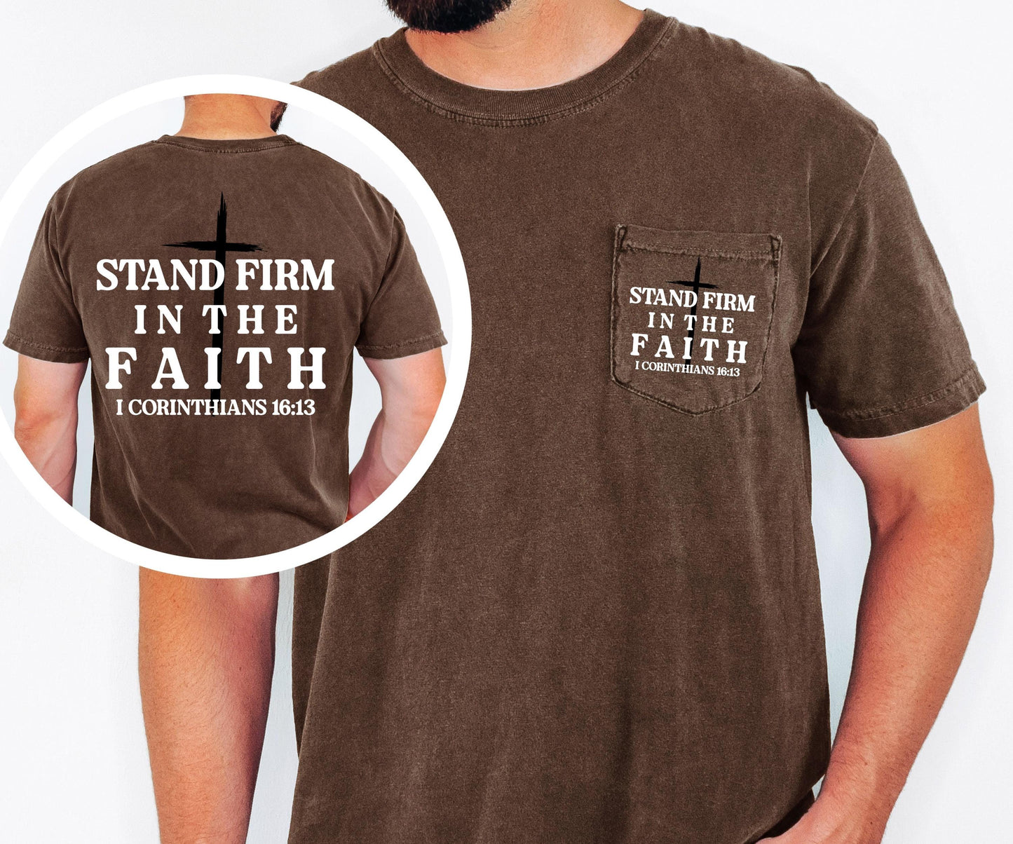 Christian Pocket T Shirt Stand Firm in Faith, Bible Verse Shirt, Mens Faith Tee, Religious Shirt, Scripture Tee