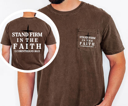 Christian Pocket T Shirt Stand Firm in Faith, Bible Verse Shirt, Mens Faith Tee, Religious Shirt, Scripture Tee