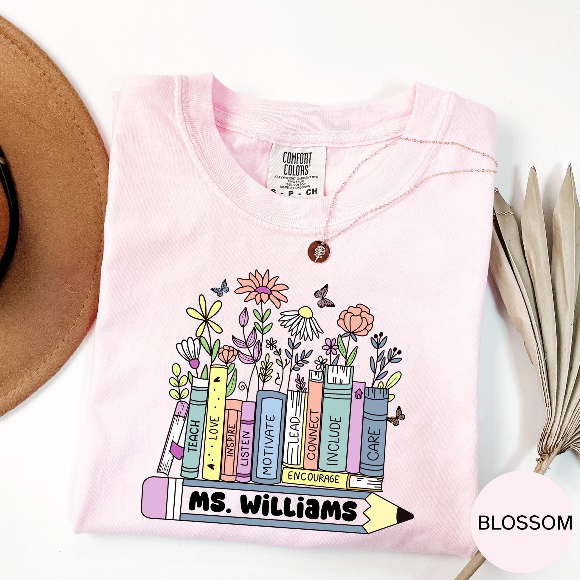 Personalized Teacher T Shirt, Floral Book Stack Shirt, Back to School Gift, Custom Name Top