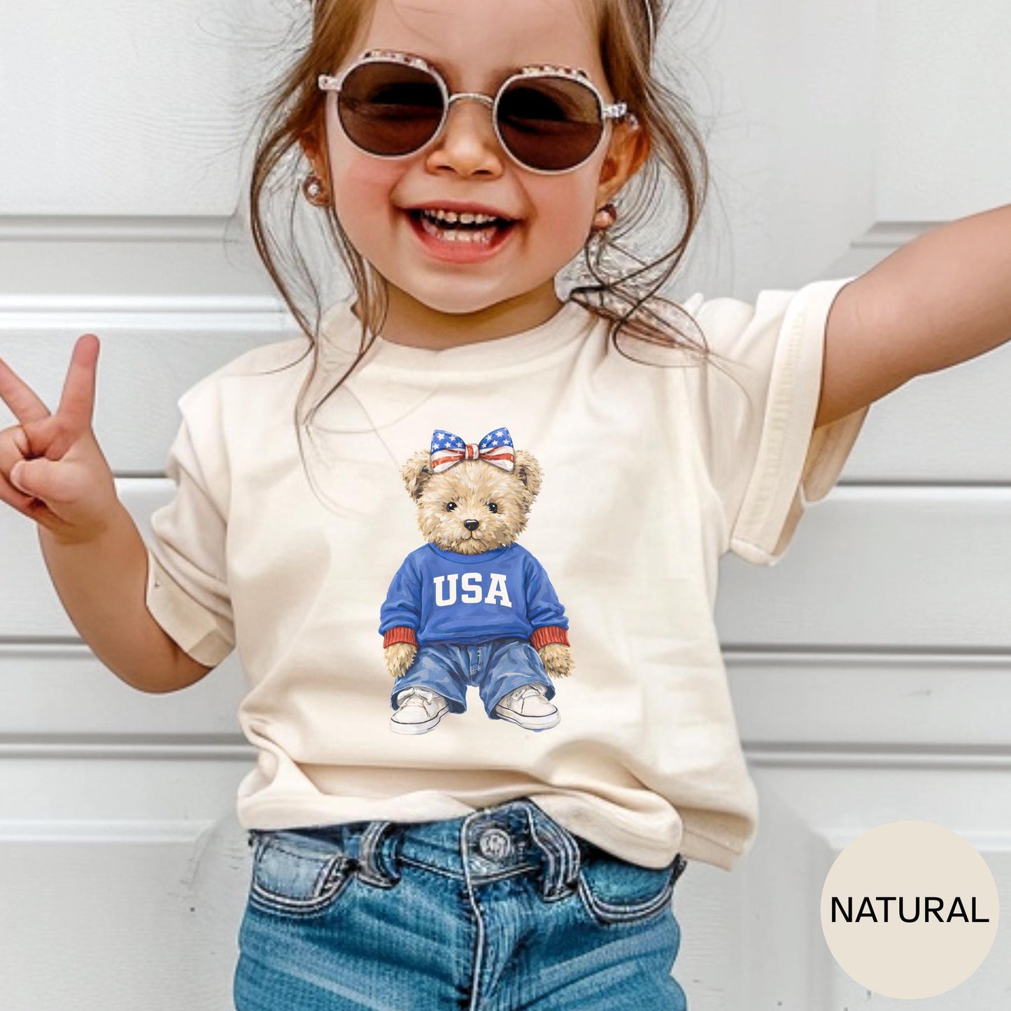 Kids USA Bear Shirt Patriotic Kids Tee 4th of July Toddler Youth Shirt Cute USA Shirt