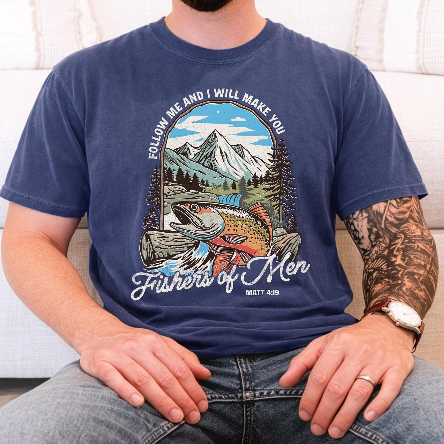 fishers of men christian fishing shirt comfort colors tee matthew 419 bible verse outdoors faith shirt trout mountain nature graphic tee