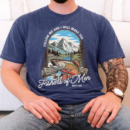 fishers of men christian fishing shirt comfort colors tee matthew 419 bible verse outdoors faith shirt trout mountain nature graphic tee