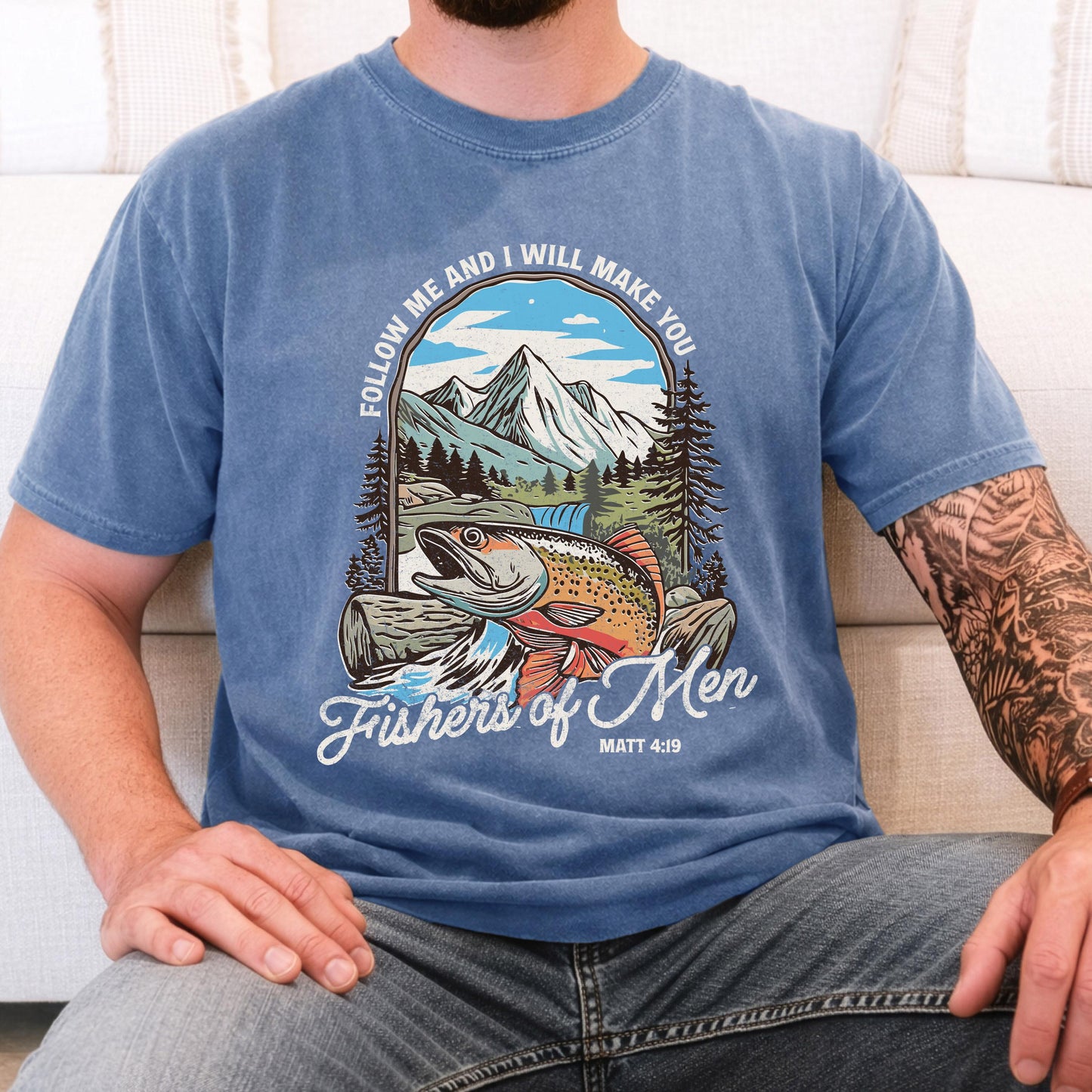 fishers of men christian fishing shirt comfort colors tee matthew 419 bible verse outdoors faith shirt trout mountain nature graphic tee