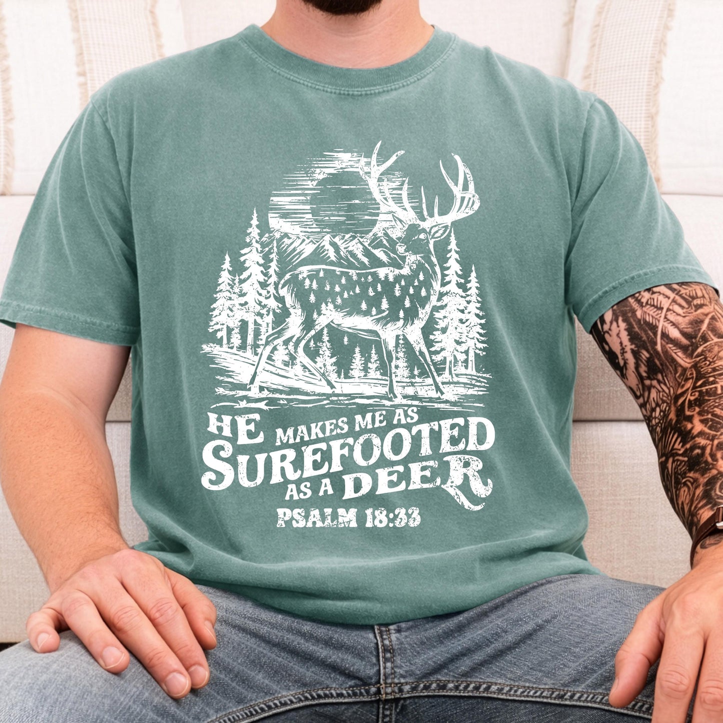 Christian Hunting Shirt Psalm 18:33 Deer Hunter Faith Apparel Outdoorsman Tee