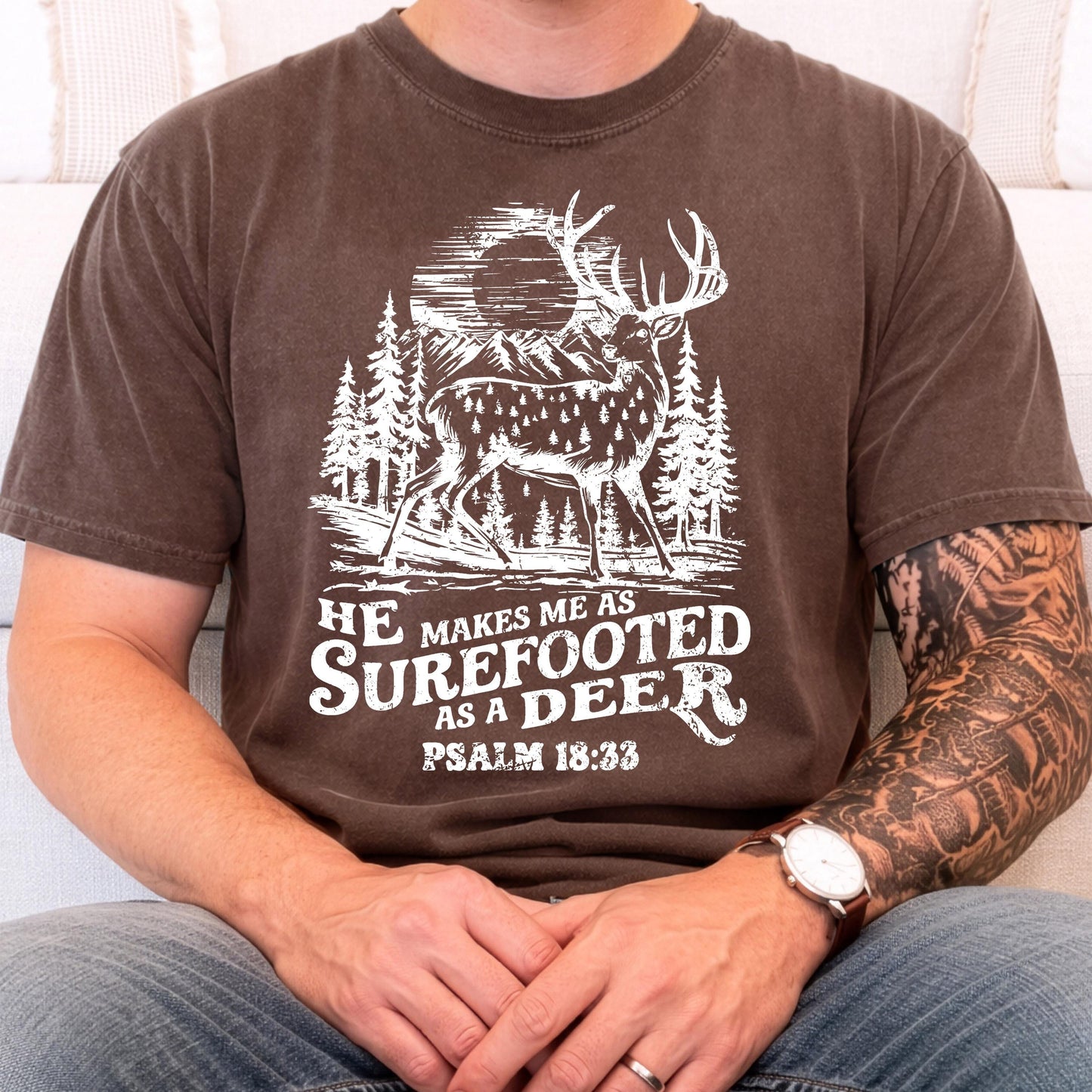 Christian Hunting Shirt Psalm 18:33 Deer Hunter Faith Apparel Outdoorsman Tee