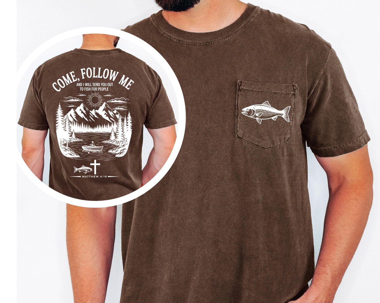 Christian Fishing Shirt Comfort Colors Pocket Tee Come Follow Me Matthew 4 19 Bible Verse Outdoor Faith Shirt Lake Boat Life Tee