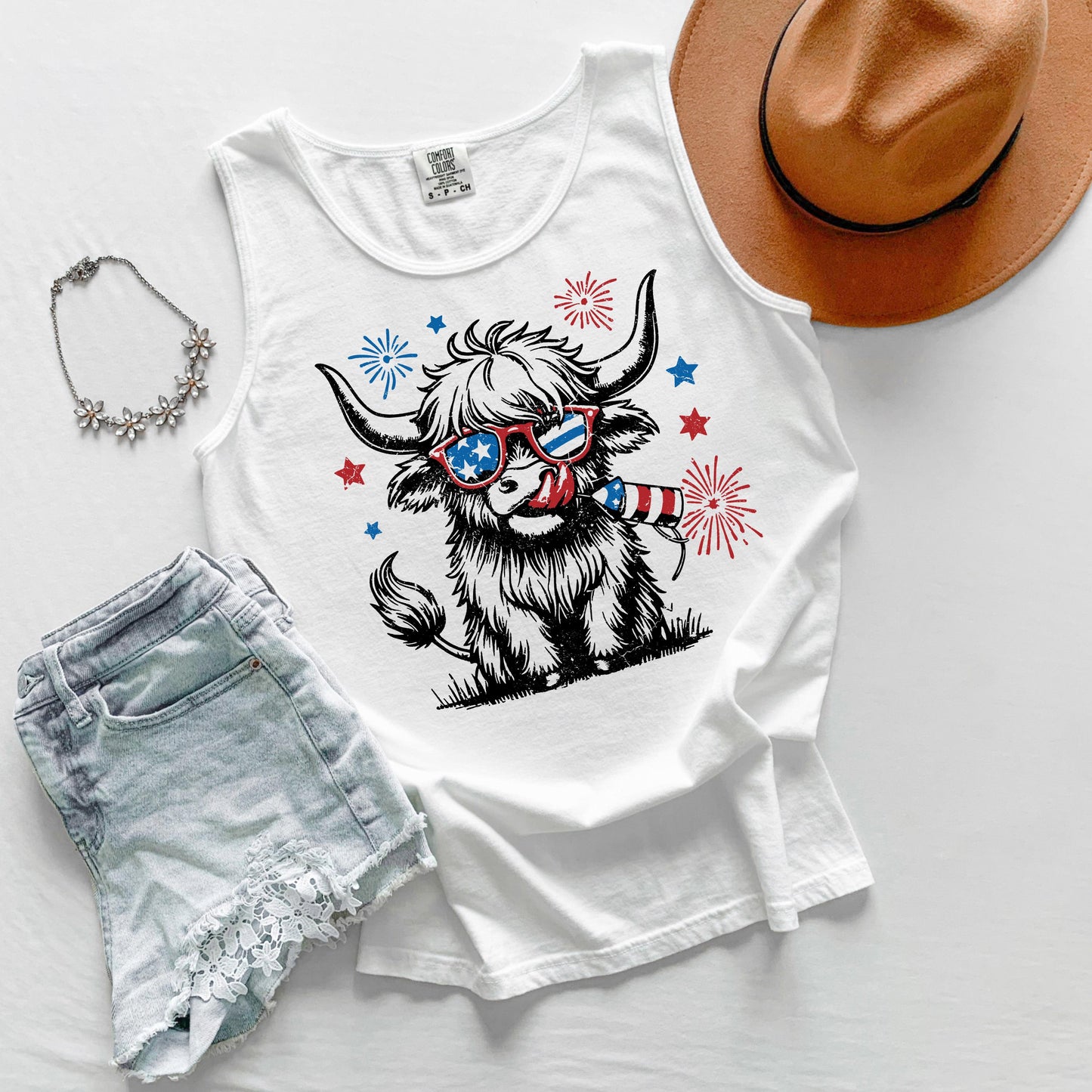 Highland Cow Patriotic Tank Top, USA Cow Tank, Fourth of July Graphic Tank, Americana Farm Tank