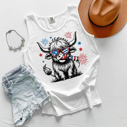 Highland Cow Patriotic Tank Top, USA Cow Tank, Fourth of July Graphic Tank, Americana Farm Tank