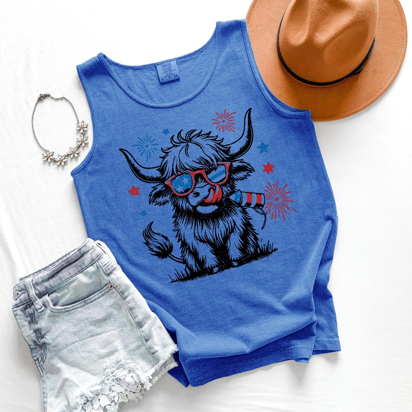 Highland Cow Patriotic Tank Top, USA Cow Tank, Fourth of July Graphic Tank, Americana Farm Tank
