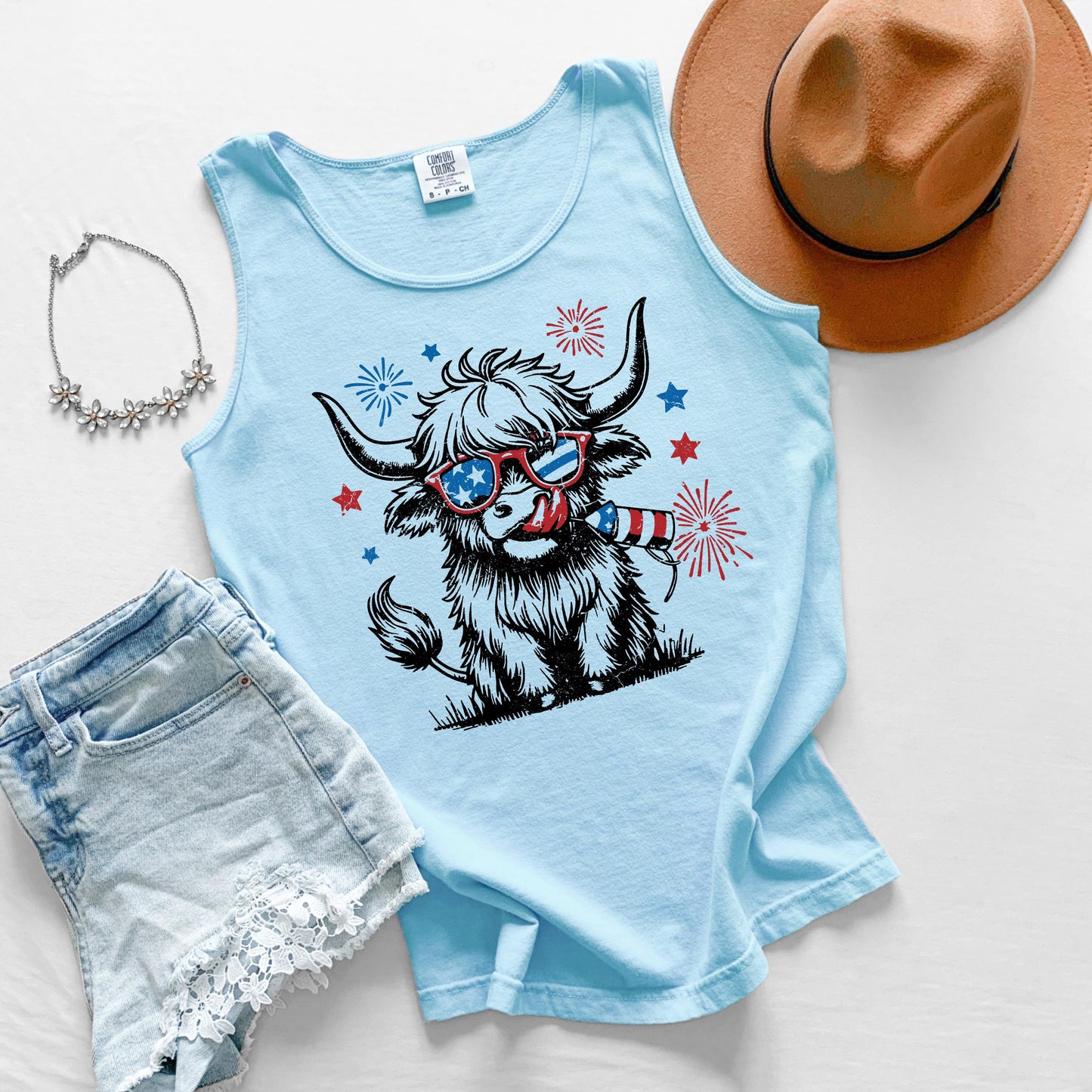 Highland Cow Patriotic Tank Top, USA Cow Tank, Fourth of July Graphic Tank, Americana Farm Tank