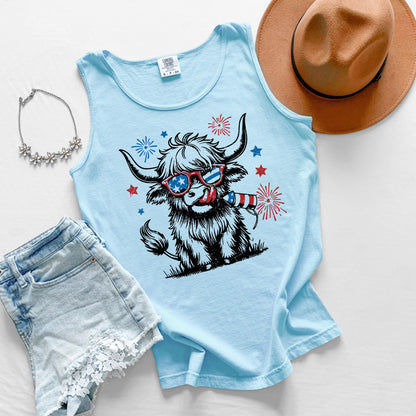 Highland Cow Patriotic Tank Top, USA Cow Tank, Fourth of July Graphic Tank, Americana Farm Tank