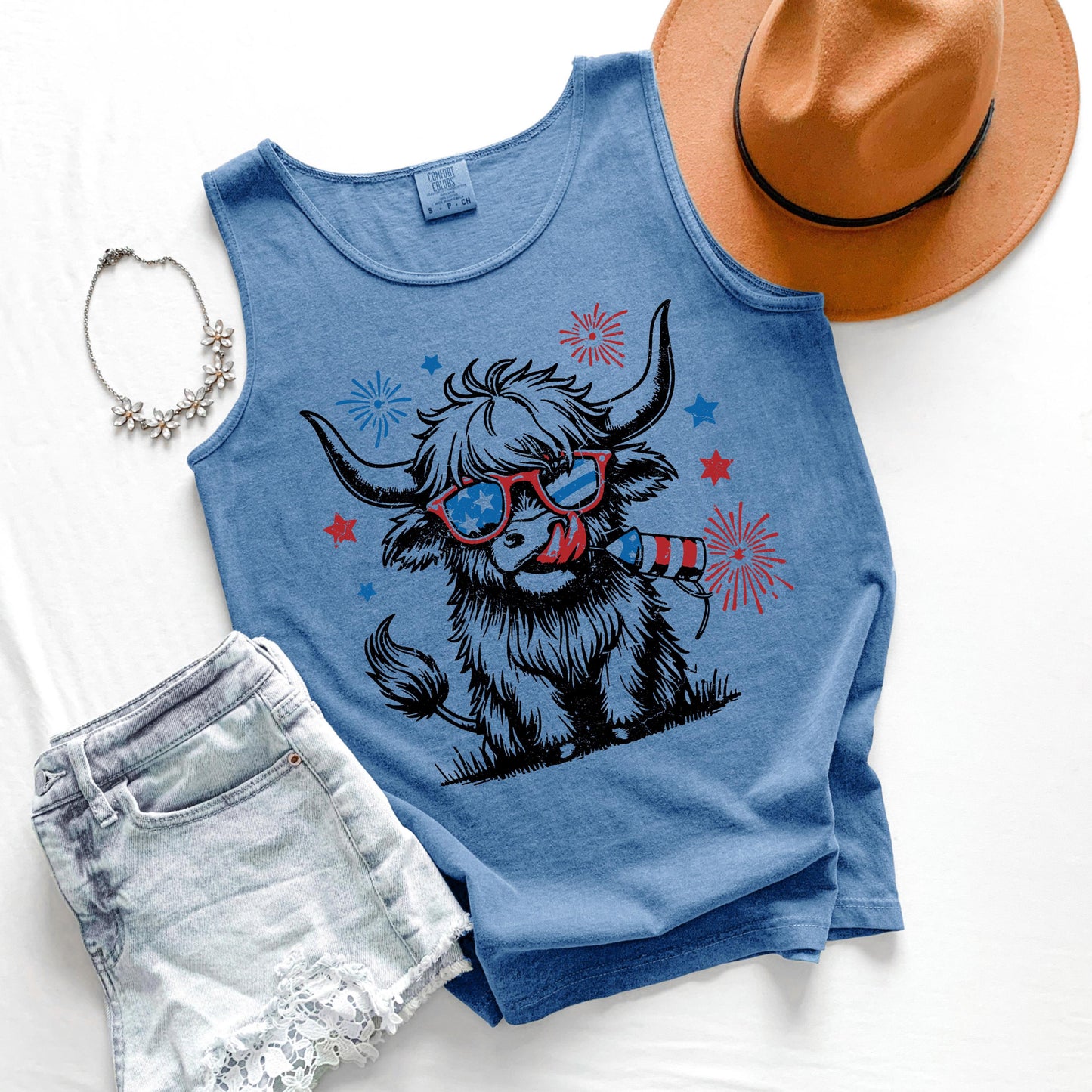 Highland Cow Patriotic Tank Top, USA Cow Tank, Fourth of July Graphic Tank, Americana Farm Tank