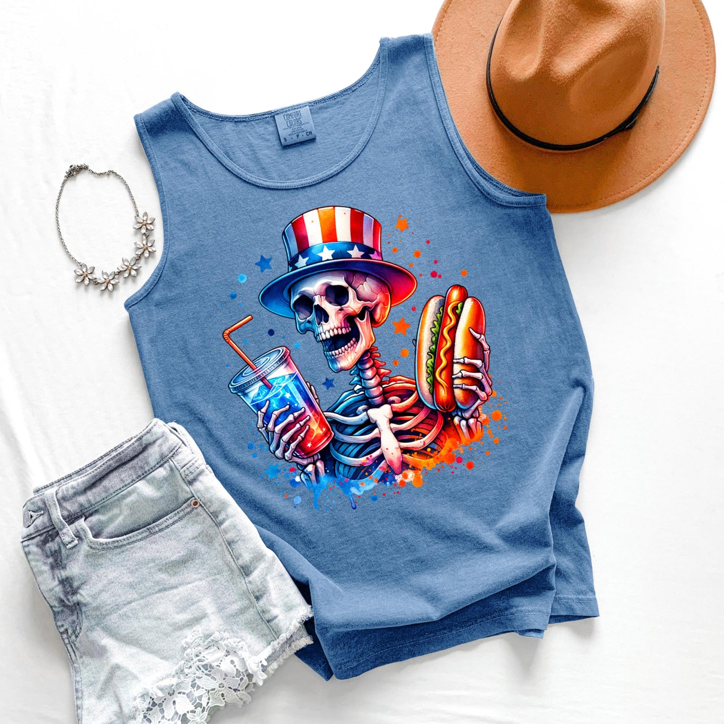 Skeleton Hot Dog Tank Top, Funny Drinking Skeleton Tank, Fourth of July Tank, BBQ Party Tank