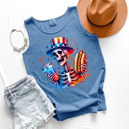 Skeleton Hot Dog Tank Top, Funny Drinking Skeleton Tank, Fourth of July Tank, BBQ Party Tank