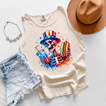 Skeleton Hot Dog Tank Top, Funny Drinking Skeleton Tank, Fourth of July Tank, BBQ Party Tank