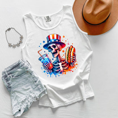 Skeleton Hot Dog Tank Top, Funny Drinking Skeleton Tank, Fourth of July Tank, BBQ Party Tank