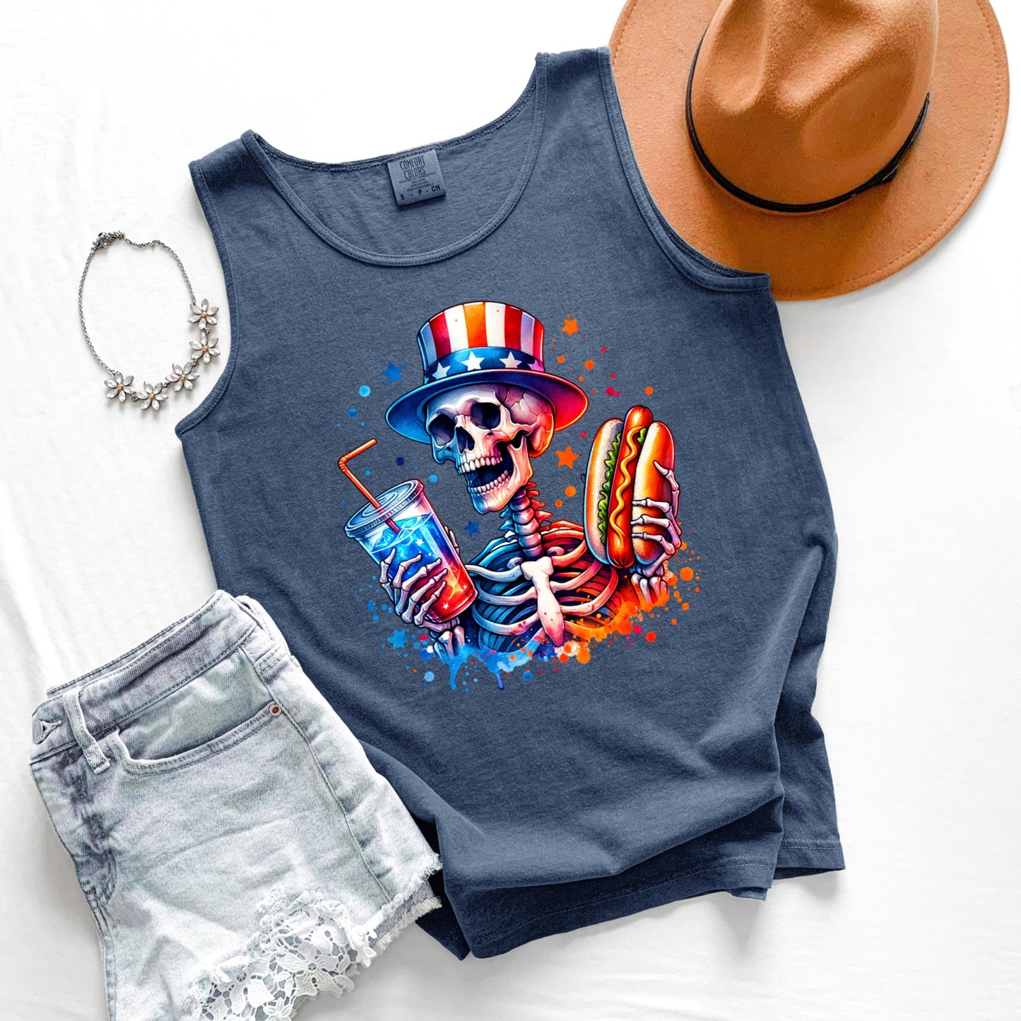 Skeleton Hot Dog Tank Top, Funny Drinking Skeleton Tank, Fourth of July Tank, BBQ Party Tank