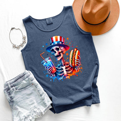 Skeleton Hot Dog Tank Top, Funny Drinking Skeleton Tank, Fourth of July Tank, BBQ Party Tank