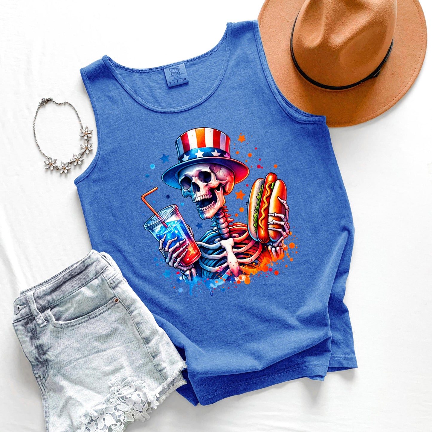 Skeleton Hot Dog Tank Top, Funny Drinking Skeleton Tank, Fourth of July Tank, BBQ Party Tank