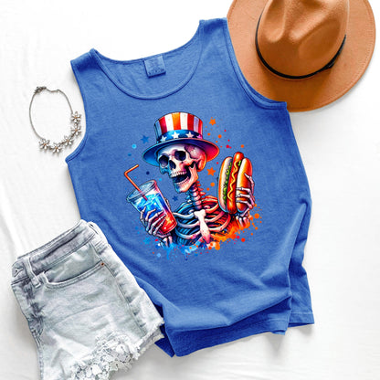 Skeleton Hot Dog Tank Top, Funny Drinking Skeleton Tank, Fourth of July Tank, BBQ Party Tank