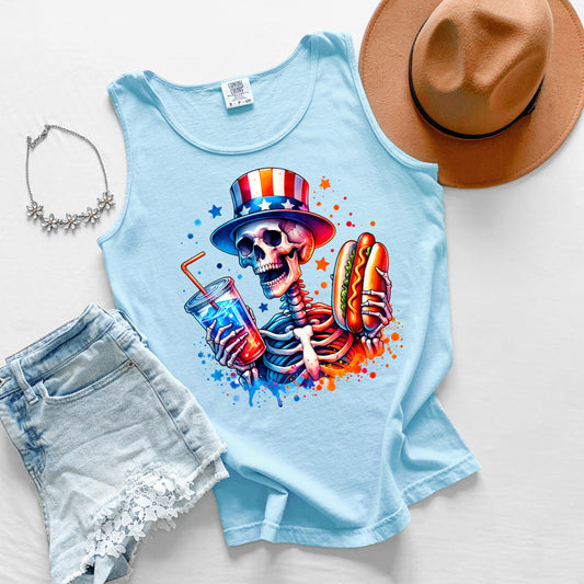 Skeleton Hot Dog Tank Top, Funny Drinking Skeleton Tank, Fourth of July Tank, BBQ Party Tank
