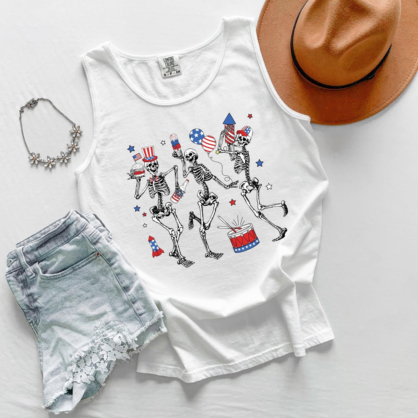 Comfort Colors Dancing Skeletons Tank Top: Patriotic 4th of July Tee