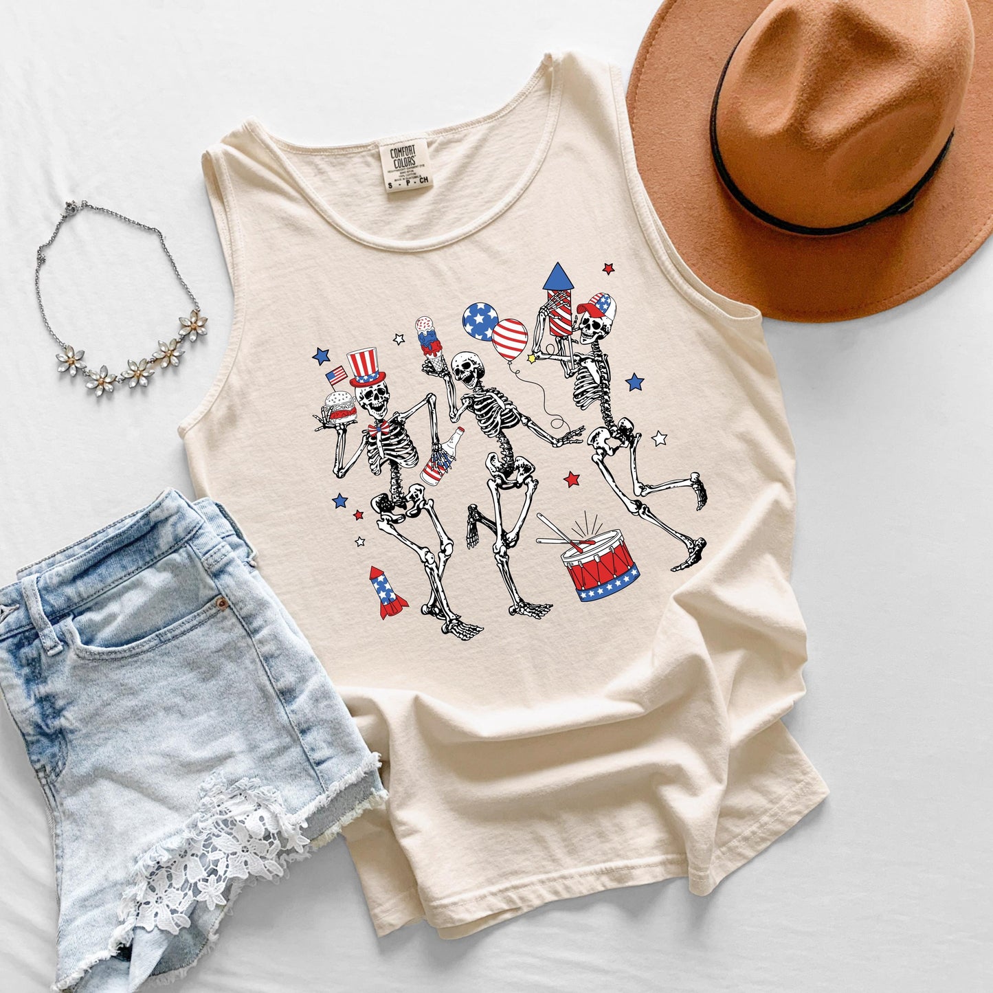 Comfort Colors Dancing Skeletons Tank Top: Patriotic 4th of July Tee